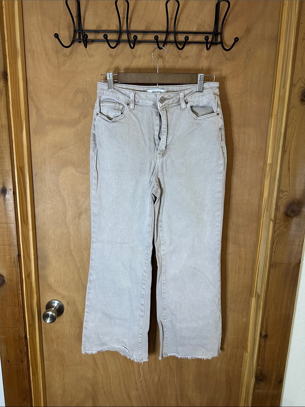 Zenana Light Beige Straight Jeans with Raw Hem